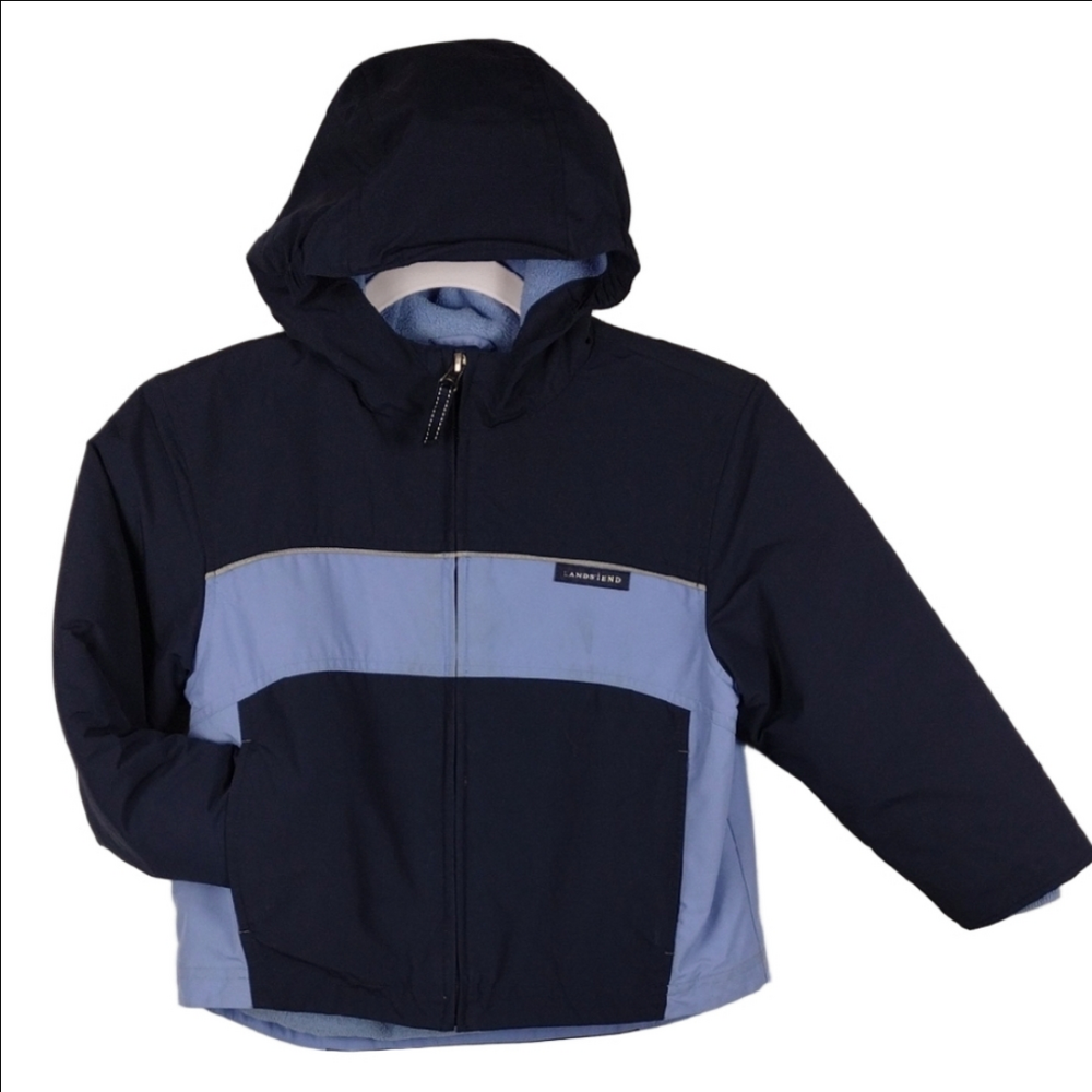 Land's End Boy's Navy Light Blue Hooded Zip Front Long Sleeve Nylon Winter Coat